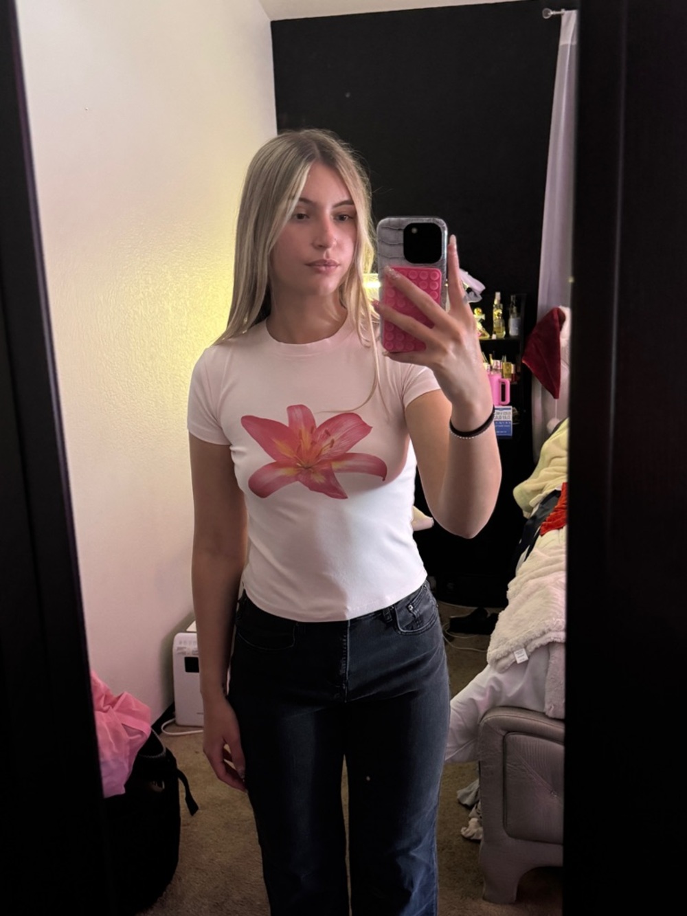 Women's Light Pink Tee with Pink Lilly Flower From Edikted